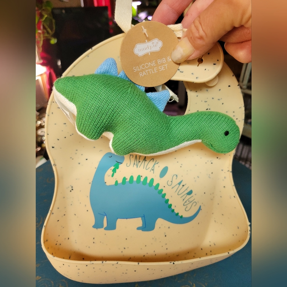 Mud pie silicone baby Bib / rattle dinosaur -green/tan